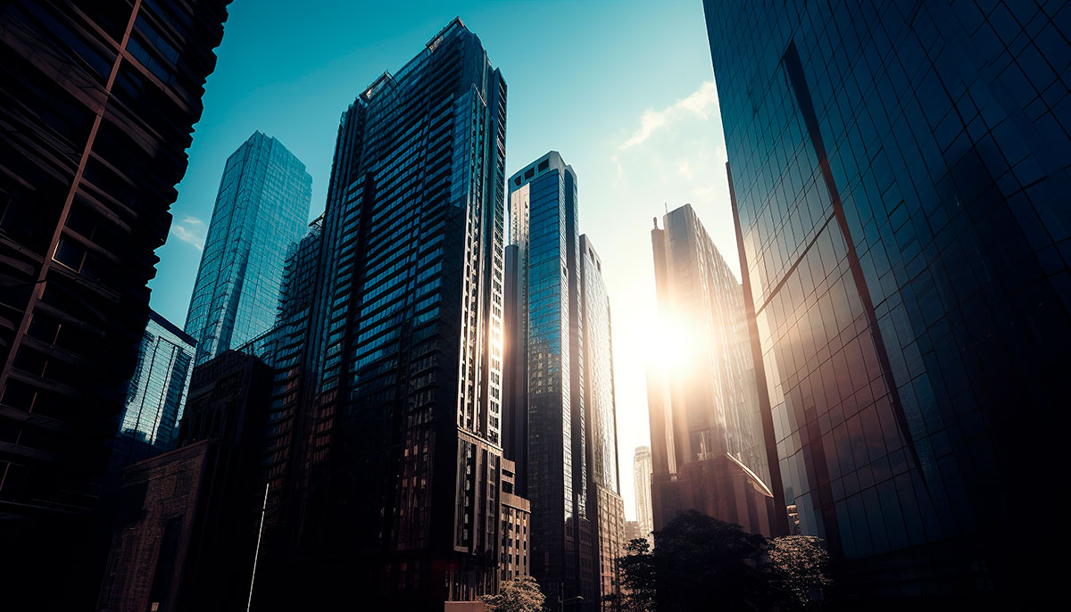 Edificios empresariales que representan las ventajas mercantiles de una estructura holding para ordenar filiales y líneas de negocio.