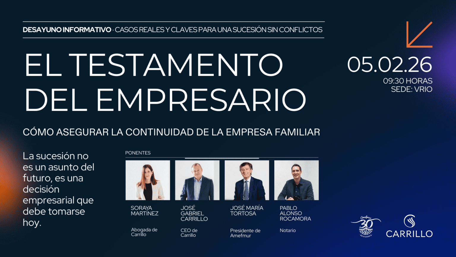 Jornada sobre el testamento del empresario y la sucesión en la empresa familiar organizada por Carrillo y AMEFMUR en Murcia