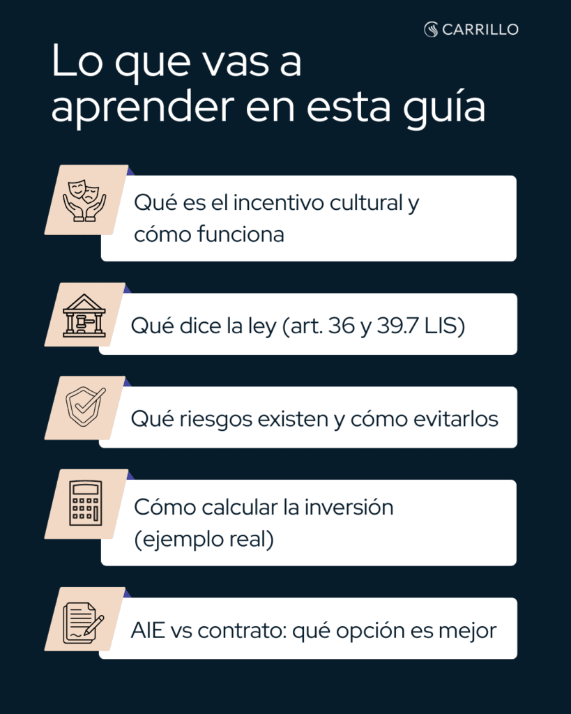Resumen visual de lo que aprenderás en esta guía sobre incentivos fiscales en cultura para empresas