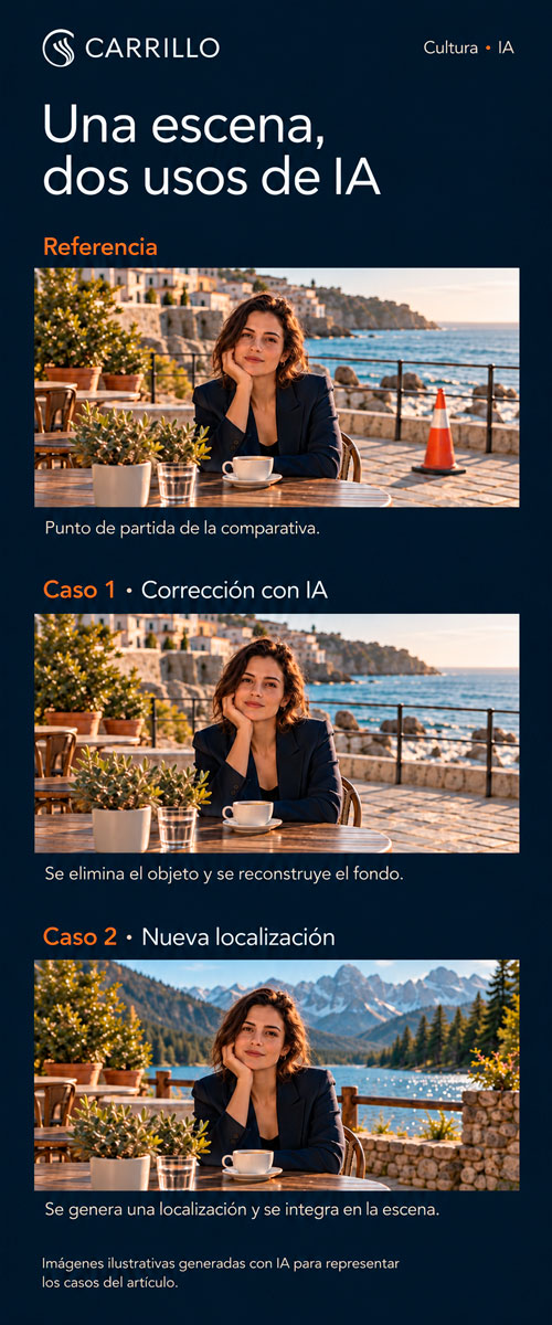 Uso de IA en obras audiovisuales: autoría, derechos y obligaciones de las productoras 3 IA en obras audiovisuales: una escena de referencia, la eliminación de un cono con reconstrucción del fondo y una nueva localización de montaña.